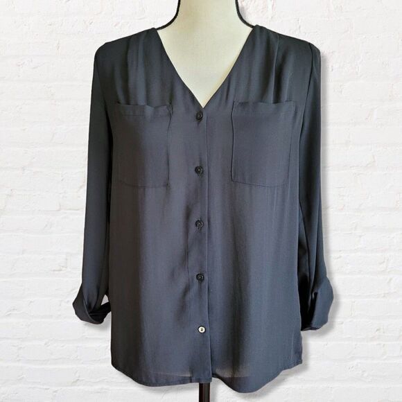 Divided H&M Black Blouse Lightweight Button Up Roll Tab Sleeve Size 2 - Picture 2 of 11